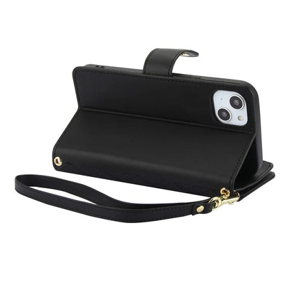For iPhone 15 Plus Case Rhombus Zipper Leather Phone Cover with Shoulder Strap
