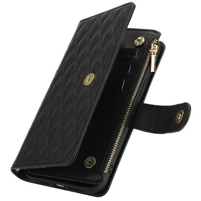 For iPhone 15 Plus Case Rhombus Zipper Leather Phone Cover with Shoulder Strap
