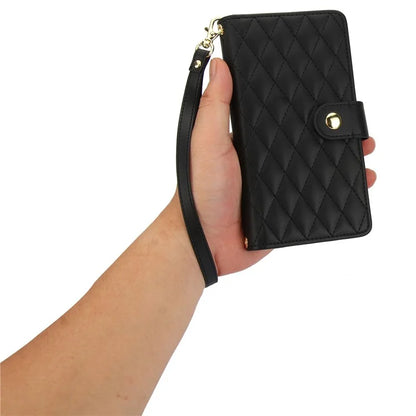 For iPhone 15 Plus Case Rhombus Zipper Leather Phone Cover with Shoulder Strap