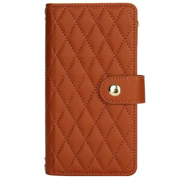 For iPhone 15 Plus Case Rhombus Zipper Leather Phone Cover with Shoulder Strap