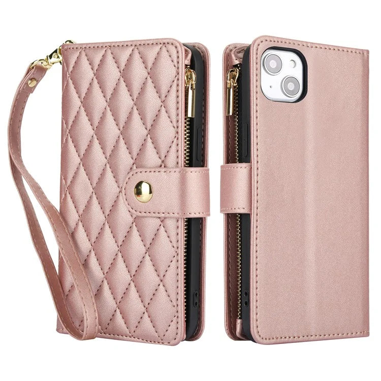 For iPhone 15 Plus Case Rhombus Zipper Leather Phone Cover with Shoulder Strap