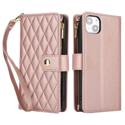 For iPhone 15 Plus Case Rhombus Zipper Leather Phone Cover with Shoulder Strap