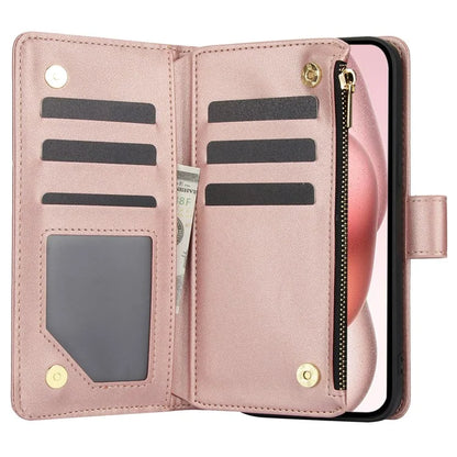 For iPhone 15 Plus Case Rhombus Zipper Leather Phone Cover with Shoulder Strap