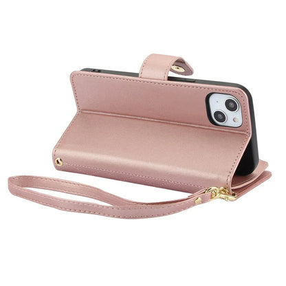 For iPhone 15 Plus Case Rhombus Zipper Leather Phone Cover with Shoulder Strap