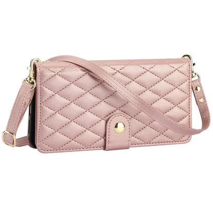 For iPhone 15 Plus Case Rhombus Zipper Leather Phone Cover with Shoulder Strap
