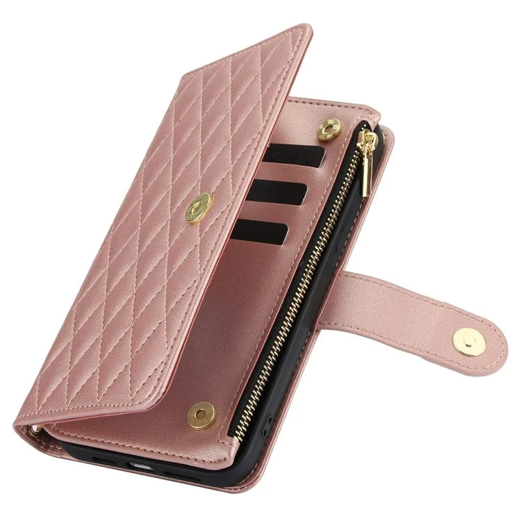 For iPhone 15 Plus Case Rhombus Zipper Leather Phone Cover with Shoulder Strap