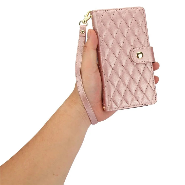 For iPhone 15 Plus Case Rhombus Zipper Leather Phone Cover with Shoulder Strap