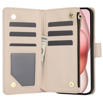 For iPhone 15 Plus Case Rhombus Zipper Leather Phone Cover with Shoulder Strap