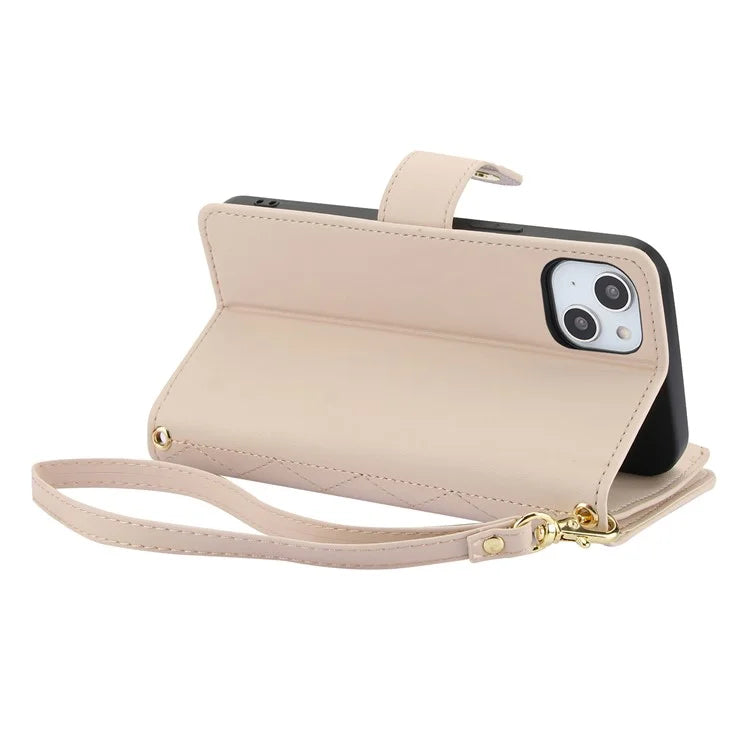 For iPhone 15 Plus Case Rhombus Zipper Leather Phone Cover with Shoulder Strap