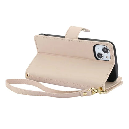 For iPhone 15 Plus Case Rhombus Zipper Leather Phone Cover with Shoulder Strap