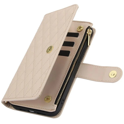 For iPhone 15 Plus Case Rhombus Zipper Leather Phone Cover with Shoulder Strap