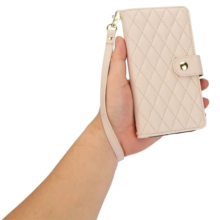 For iPhone 15 Plus Case Rhombus Zipper Leather Phone Cover with Shoulder Strap