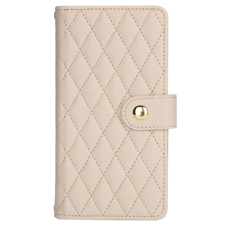For iPhone 15 Plus Case Rhombus Zipper Leather Phone Cover with Shoulder Strap