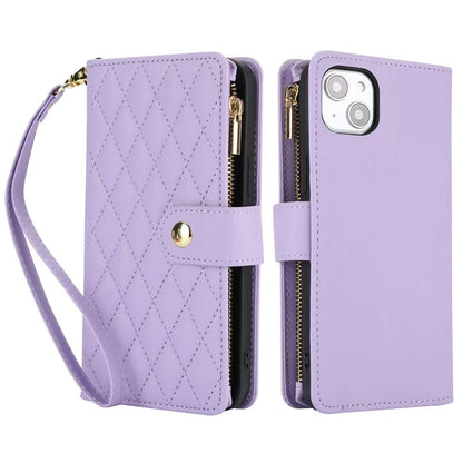 For iPhone 15 Plus Case Rhombus Zipper Leather Phone Cover with Shoulder Strap
