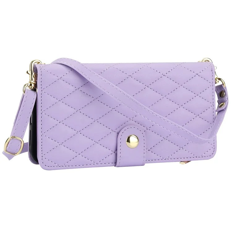 For iPhone 15 Plus Case Rhombus Zipper Leather Phone Cover with Shoulder Strap