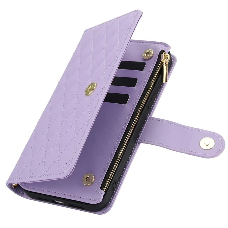 For iPhone 15 Plus Case Rhombus Zipper Leather Phone Cover with Shoulder Strap
