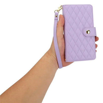 For iPhone 15 Plus Case Rhombus Zipper Leather Phone Cover with Shoulder Strap