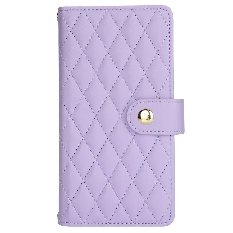 For iPhone 15 Plus Case Rhombus Zipper Leather Phone Cover with Shoulder Strap