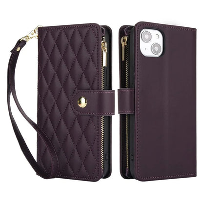 For iPhone 15 Plus Case Rhombus Zipper Leather Phone Cover with Shoulder Strap
