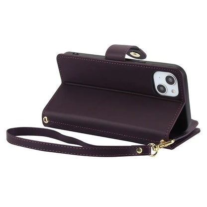 For iPhone 15 Plus Case Rhombus Zipper Leather Phone Cover with Shoulder Strap