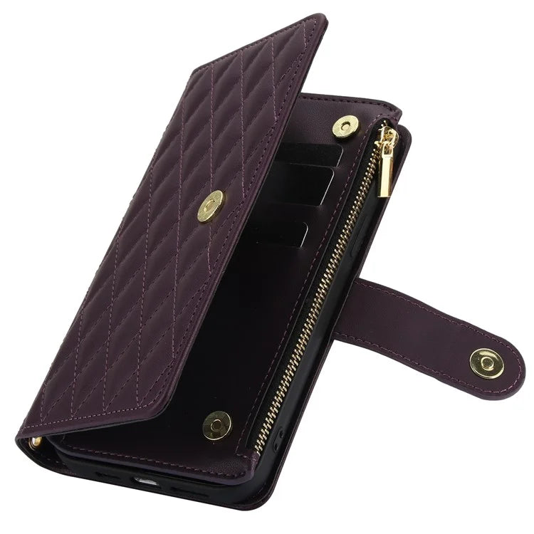 For iPhone 15 Plus Case Rhombus Zipper Leather Phone Cover with Shoulder Strap