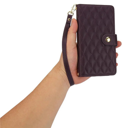 For iPhone 15 Plus Case Rhombus Zipper Leather Phone Cover with Shoulder Strap