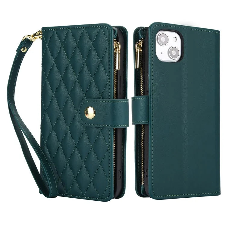 For iPhone 15 Plus Case Rhombus Zipper Leather Phone Cover with Shoulder Strapish Green