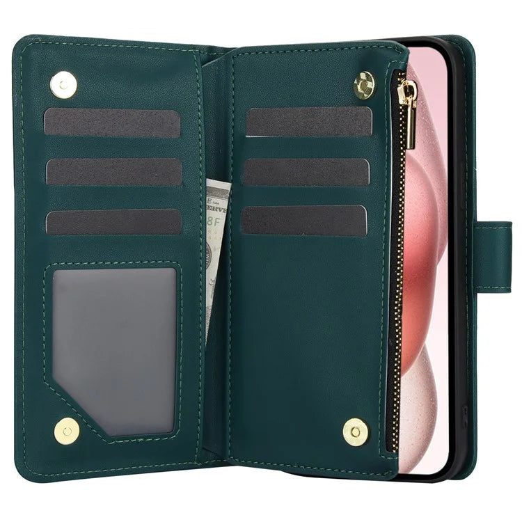 For iPhone 15 Plus Case Rhombus Zipper Leather Phone Cover with Shoulder Strapish Green