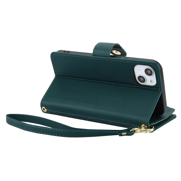 For iPhone 15 Plus Case Rhombus Zipper Leather Phone Cover with Shoulder Strapish Green