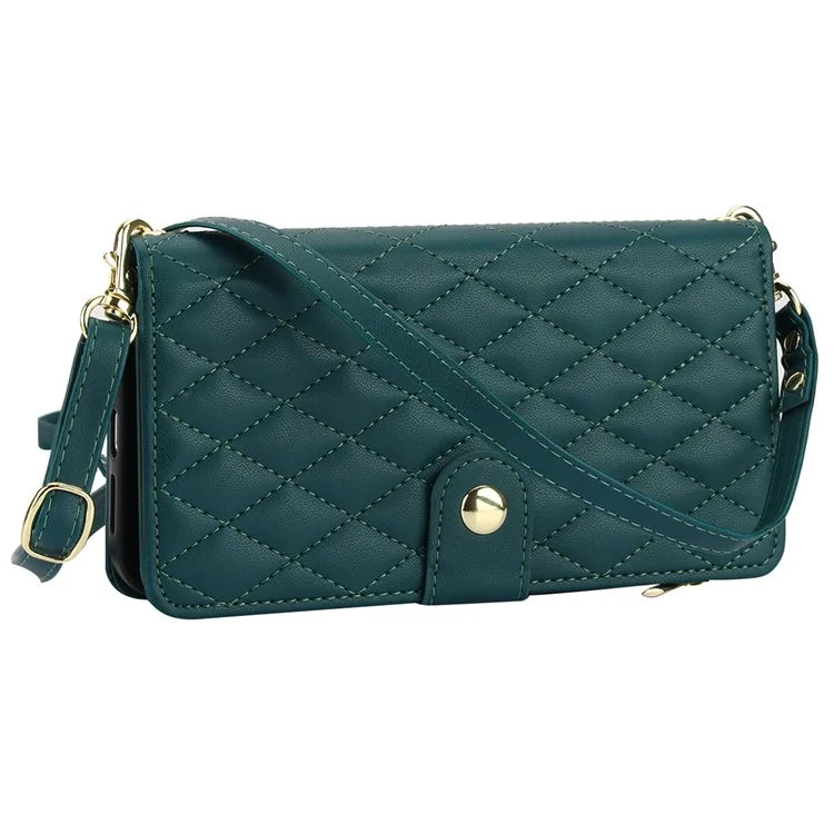 For iPhone 15 Plus Case Rhombus Zipper Leather Phone Cover with Shoulder Strapish Green