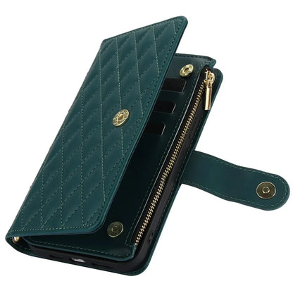 For iPhone 15 Plus Case Rhombus Zipper Leather Phone Cover with Shoulder Strapish Green