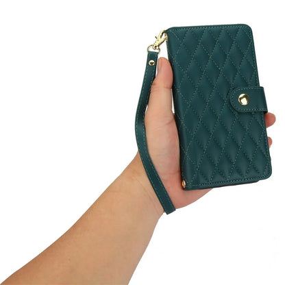 For iPhone 15 Plus Case Rhombus Zipper Leather Phone Cover with Shoulder Strapish Green