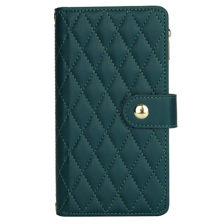 For iPhone 15 Plus Case Rhombus Zipper Leather Phone Cover with Shoulder Strapish Green