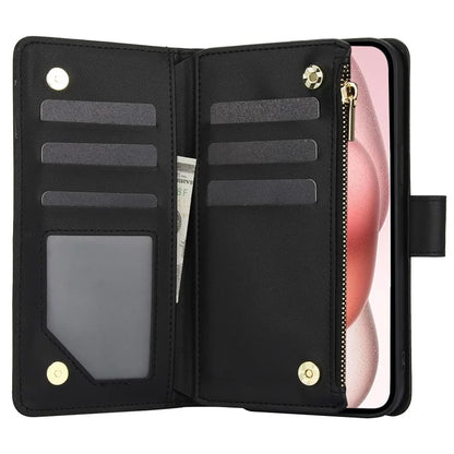 For iPhone 15 Zipper Wallet Case Rhombus Leather Phone Cover with Shoulder Strap