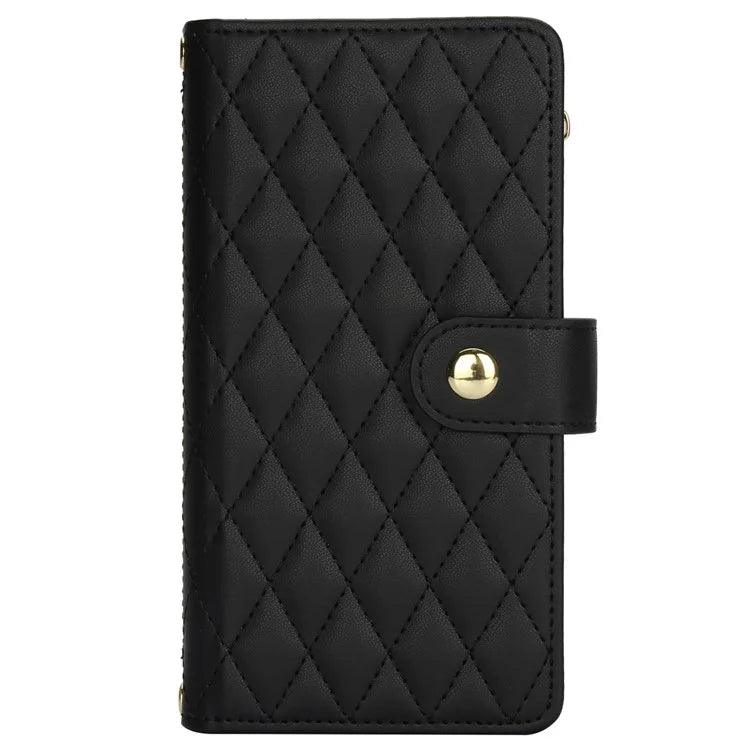 For iPhone 15 Zipper Wallet Case Rhombus Leather Phone Cover with Shoulder Strap