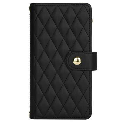 For iPhone 15 Zipper Wallet Case Rhombus Leather Phone Cover with Shoulder Strap