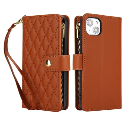 For iPhone 15 Zipper Wallet Case Rhombus Leather Phone Cover with Shoulder Strap