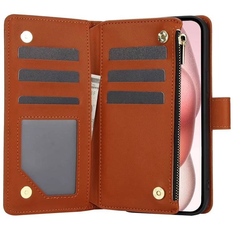 For iPhone 15 Zipper Wallet Case Rhombus Leather Phone Cover with Shoulder Strap