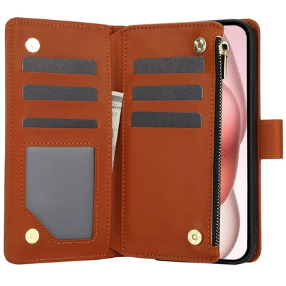 For iPhone 15 Zipper Wallet Case Rhombus Leather Phone Cover with Shoulder Strap