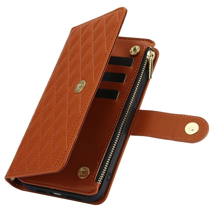 For iPhone 15 Zipper Wallet Case Rhombus Leather Phone Cover with Shoulder Strap