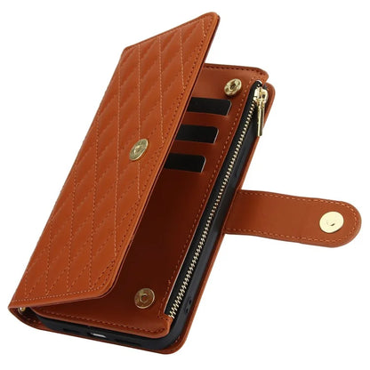 For iPhone 15 Zipper Wallet Case Rhombus Leather Phone Cover with Shoulder Strap