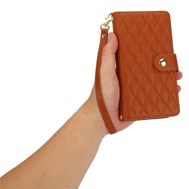 For iPhone 15 Zipper Wallet Case Rhombus Leather Phone Cover with Shoulder Strap