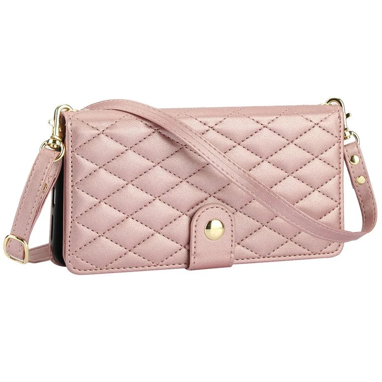 For iPhone 15 Zipper Wallet Case Rhombus Leather Phone Cover with Shoulder Strap