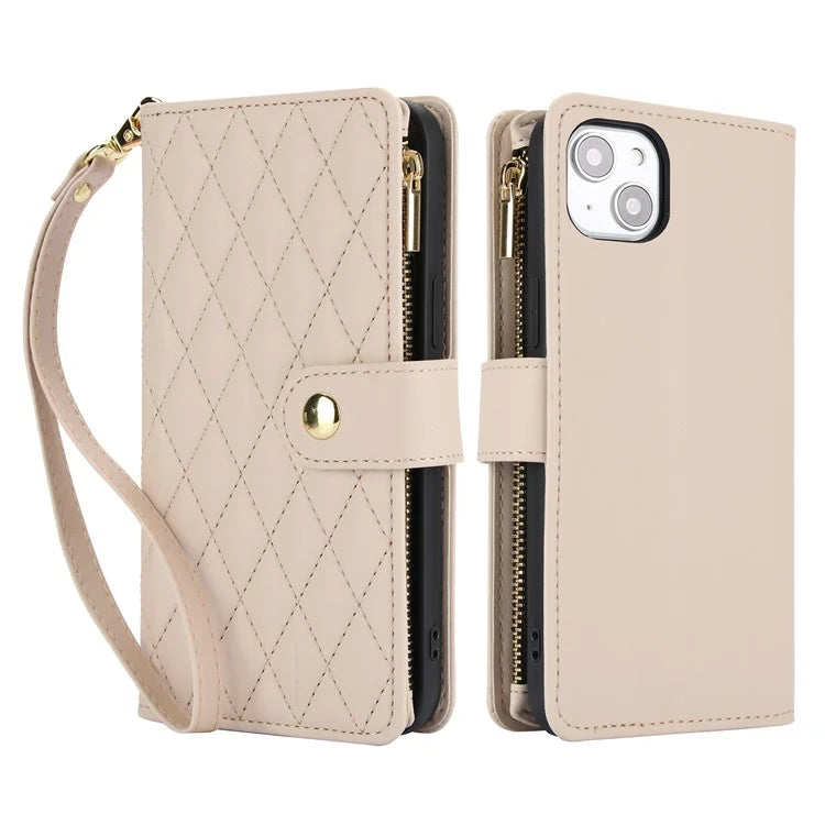 For iPhone 15 Zipper Wallet Case Rhombus Leather Phone Cover with Shoulder Strap