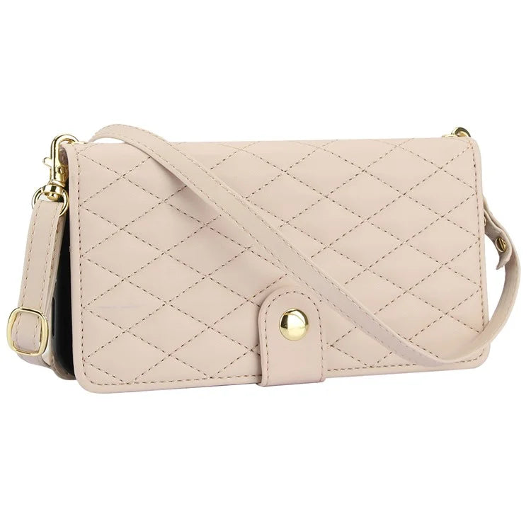 For iPhone 15 Zipper Wallet Case Rhombus Leather Phone Cover with Shoulder Strap