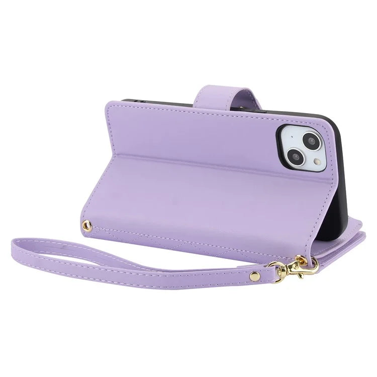 For iPhone 15 Zipper Wallet Case Rhombus Leather Phone Cover with Shoulder Strap
