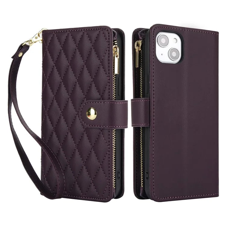 For iPhone 15 Zipper Wallet Case Rhombus Leather Phone Cover with Shoulder Strap
