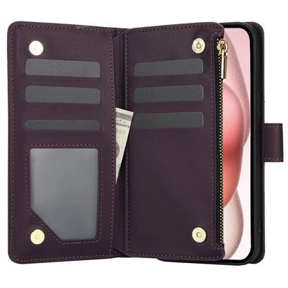 For iPhone 15 Zipper Wallet Case Rhombus Leather Phone Cover with Shoulder Strap