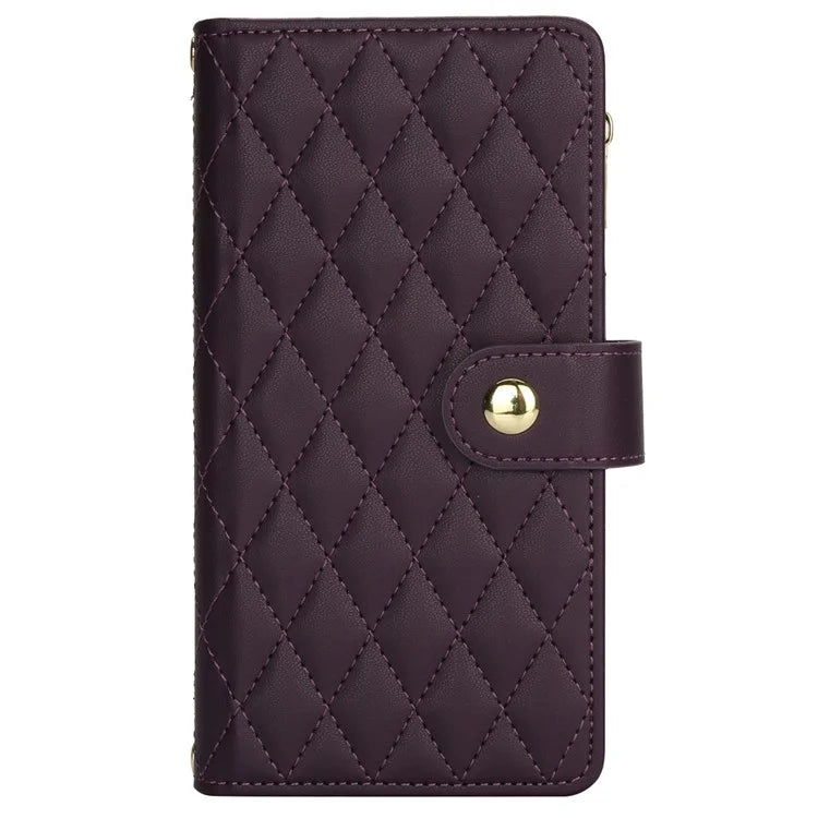 For iPhone 15 Zipper Wallet Case Rhombus Leather Phone Cover with Shoulder Strap