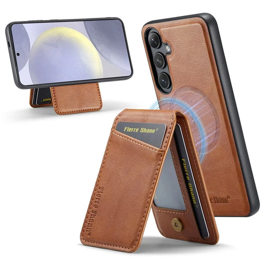 FIERRE SHANN 025 Style For Samsung Galaxy S24+ Kickstand Case Card Holder PU+TPU Phone Cover